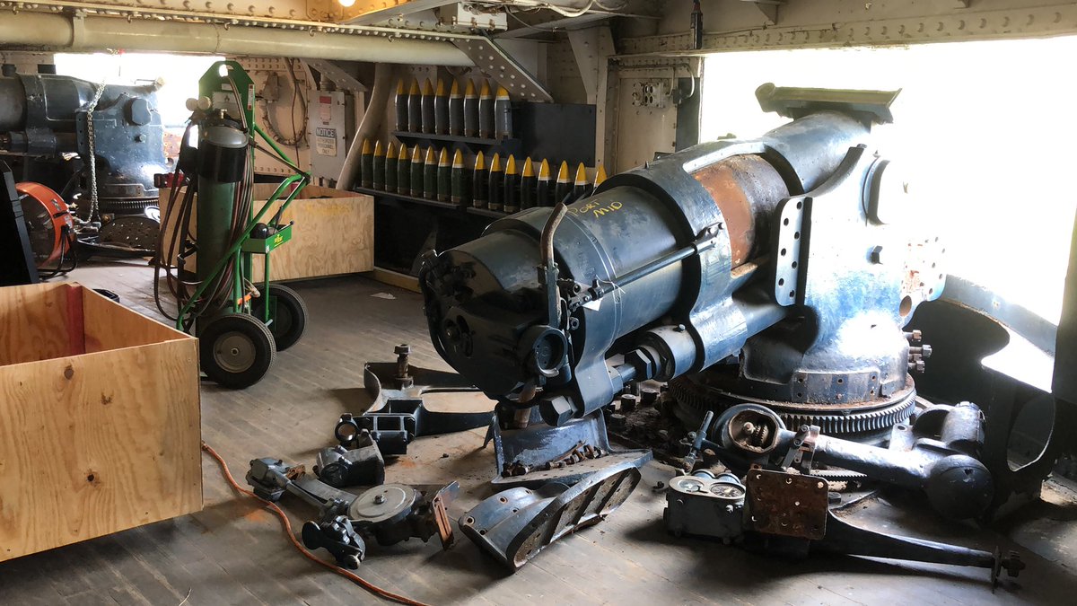 Battleship_TX's tweet photo. These folks working with me today ain’t my Navy crews but they are pretty swell. They are breaking down my 5”/51 gun mounts and getting them ready to come off for restoration. #pistolpackinmama https://t.co/lKrZjE4wrz