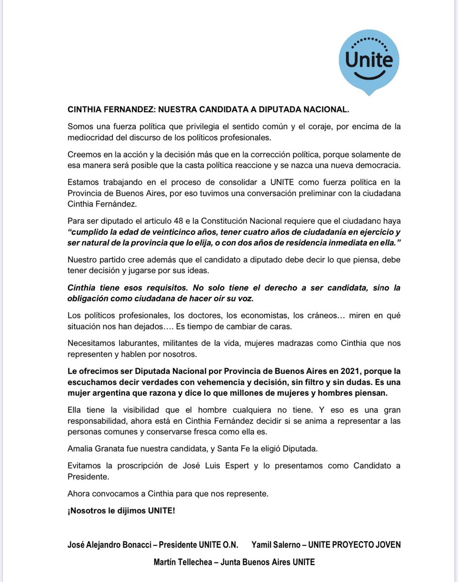Para que nadie diga que es mentira, acá está el comunicado del partido UNITE confirmando formalmente el ofrecimiento que recibí por la candidatura para Diputada Nacional para las próximas elecciones https://t.co/XZcp3cg3hY