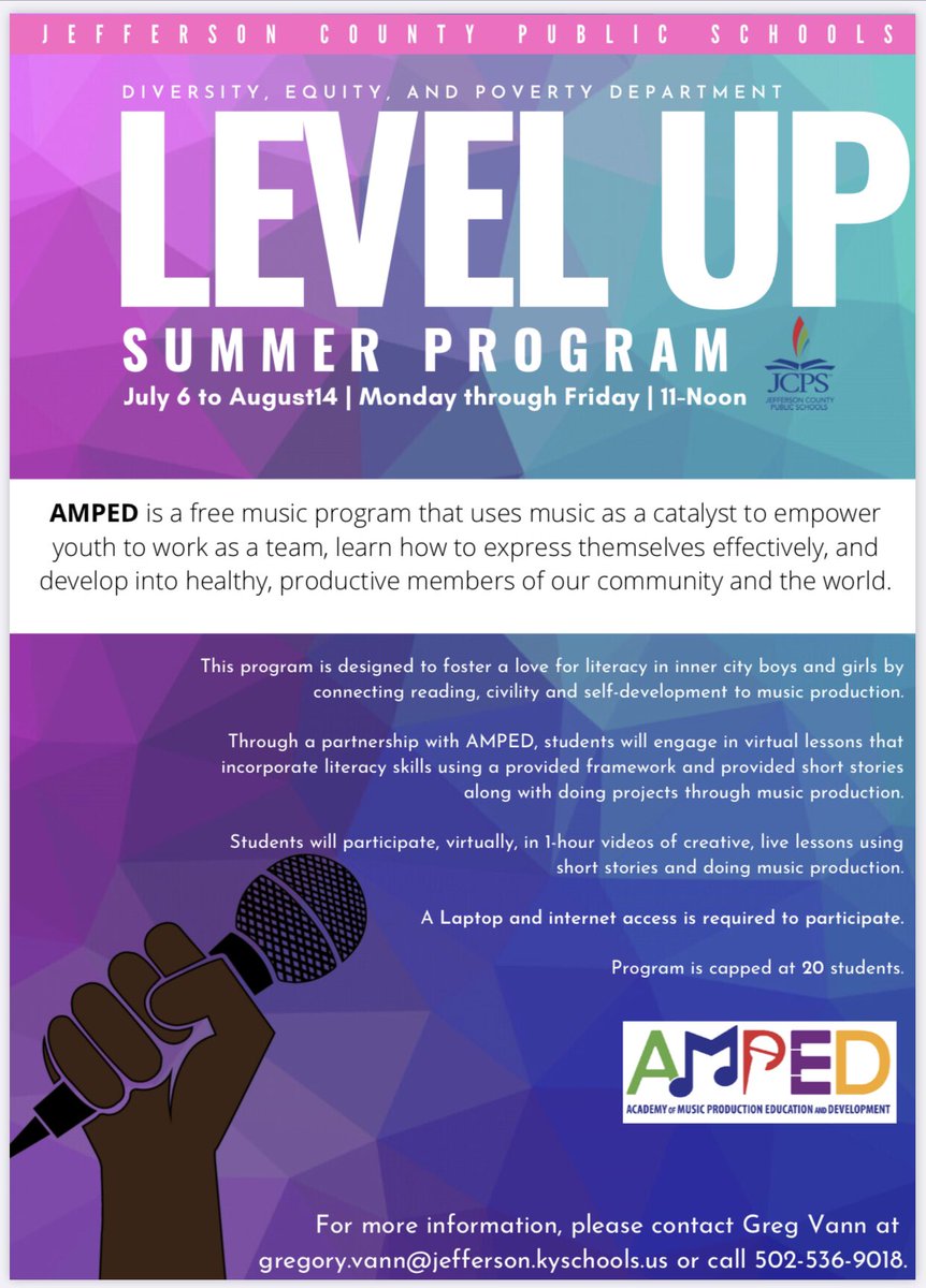 Check out this amazing summer opportunity for high school girls and boys to Level Up mixing literacy and creativity. It's one of the most effective and fun <a href="/AMPEDLouisville/">Amped</a> programs. Please share! <a href="/JCPSKY/">JCPS</a>