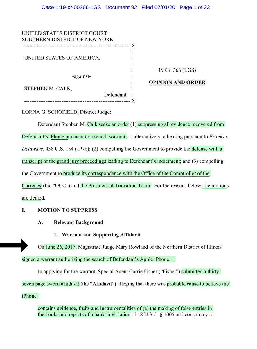 BREAKINGCalk’s Motion to Suppress iPhone evidence, “compel” the Govt to produce Grand Jury Transcripts & produce OCC Coms: DENIEDIn 2017 a PITA account said: Manafort & Calk are in deep shit, OCC not playing. Trolls/Stalkers you were wrong, againS&SW AUTHORIZED JUNE 26, 2017