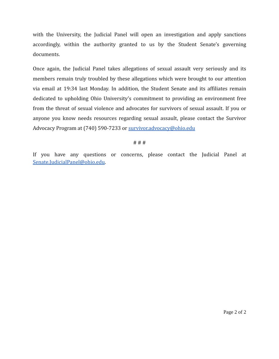 Here is the official response from the Judicial Panel in regards to the allegations against presidential candidate Carlo DeNiro. Please send any questions or concerns to the Judicial Panel at Senate.JudicialPanel@ohio.edu #OHIOUelections <a href="/OHIOUSenate/">OHIO Student Senate</a> <a href="/TheNewPolitical/">The New Political</a> <a href="/ThePost/">The Post</a>