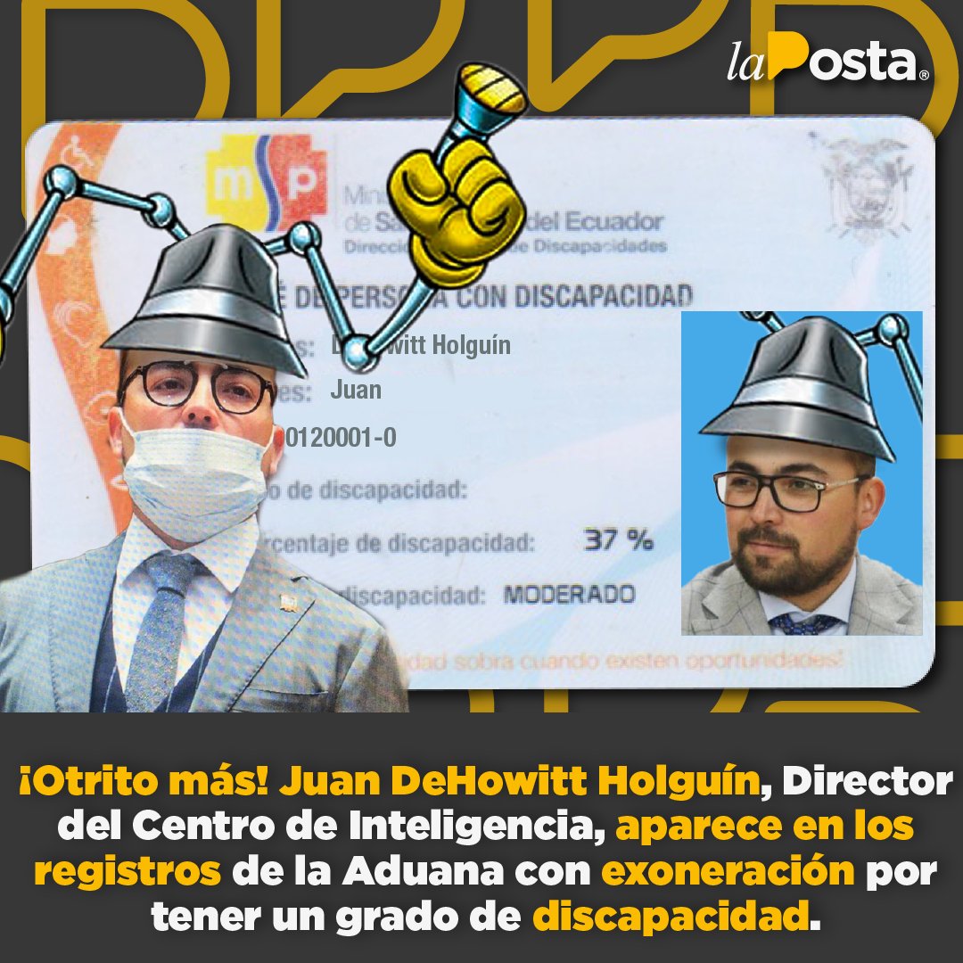 LaPosta_Ecu's tweet photo. Con carnet de discapacidad, Juan DeHowitt Holguín tiene un grado de discapacidad del 37%, lo que equivale a un porcentaje de exoneración del pago de tributos de 60%. 😖👀😱 https://t.co/mBQV7MKqQW