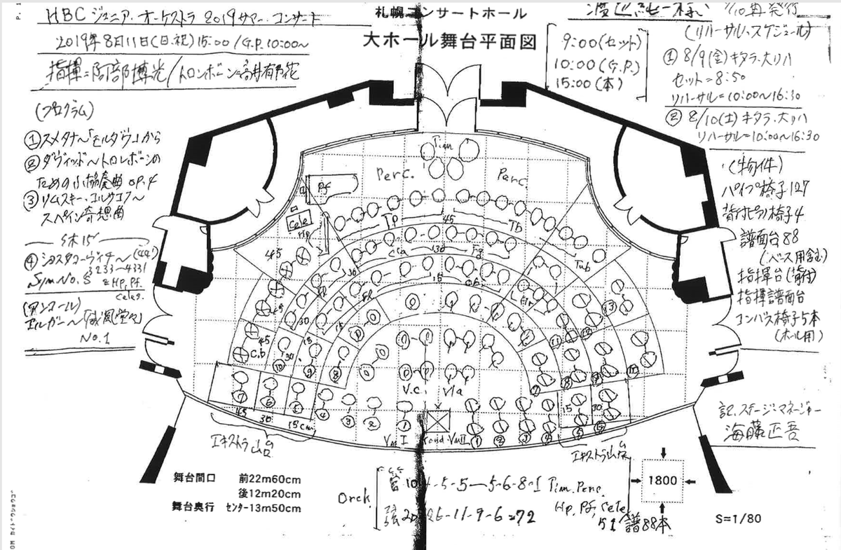 Hbcジュニアオーケストラ Hbc Junior Orchestra 公式 毎年 サマーコンサートの舞台配置図は元札響ステージマネージャーに書いてもらってます 写真の図面は昨年のものです 手書きですが 味がありますよね 素人はなかなか書けないものです Hbc