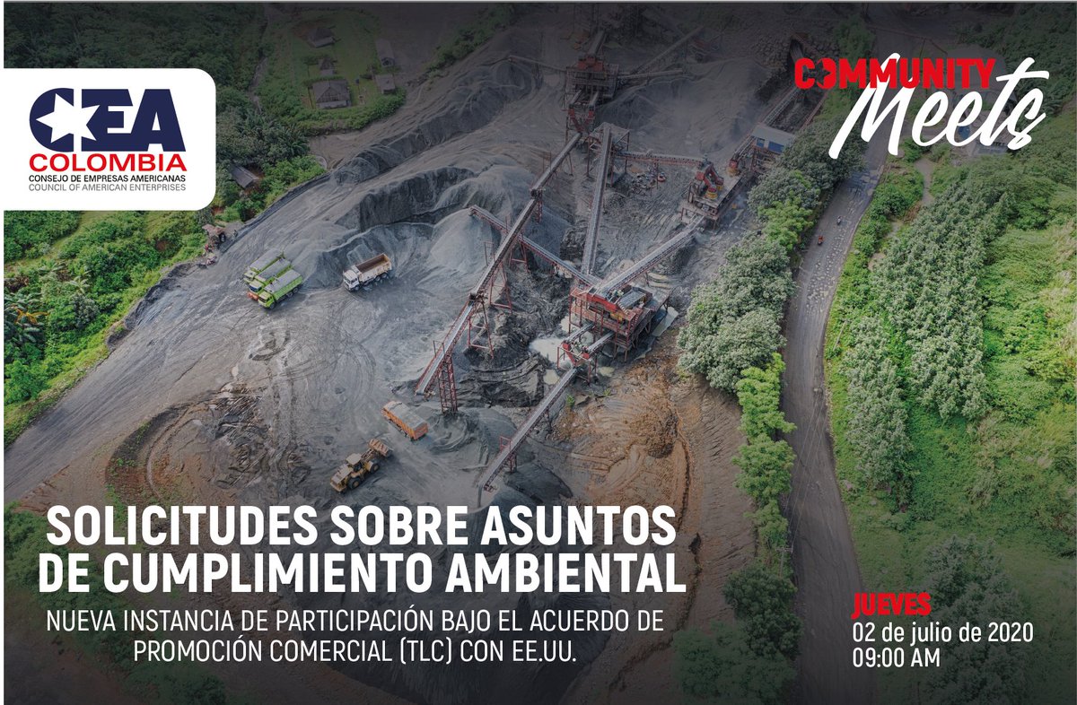 CEAColombia's tweet photo. #ComunidadCEA conoce la nueva instancia de participación bajo el Acuerdo de Promoción Comercial (TLC) con EE.UU. para las solicitudes sobre asuntos de cumplimiento ambiental. Mañana #CommunityMeets con la Secretaría para la Aplicación de la Legislación Ambiental. https://t.co/EZxaU61JsE