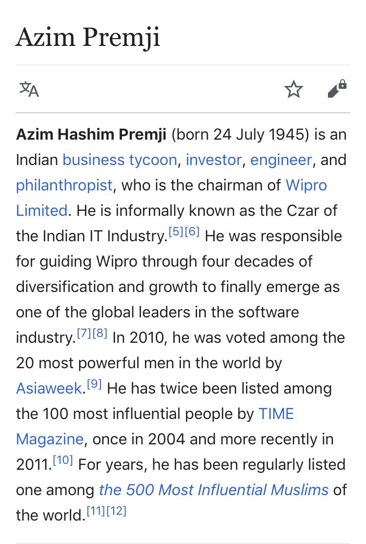 5/ AZIM PREMJI“Czar of Indian IT”1 of the most powerful men in the worldregularly listed as 1 of most powerful Muslims in the worldWorked with Hussein & HRCAfter 9/11, refused to help teach moderate IslamSTEPPED DOWN IN 2019