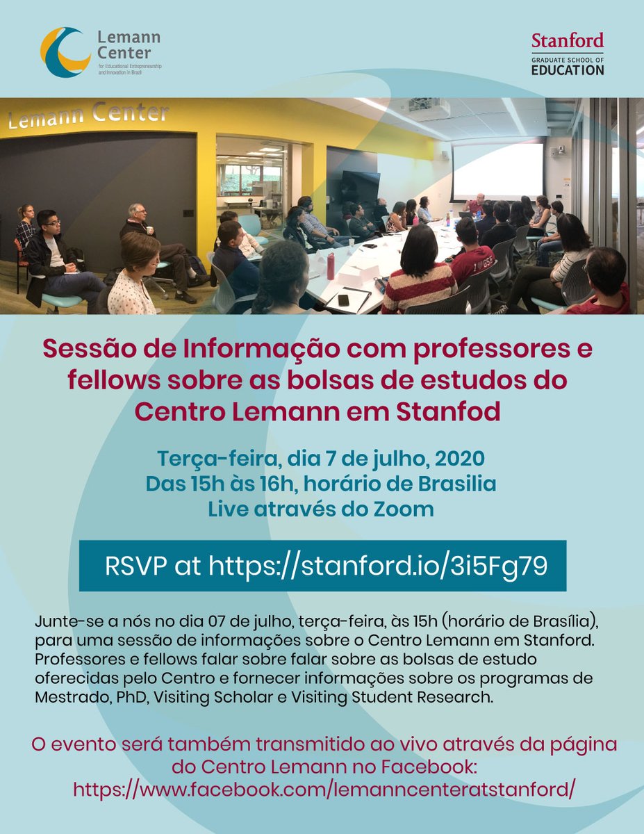 Não perca a nossa Sessão de Informações online sobre as oportunidades de bolsas do Centro Lemann! 
Cadastre-se para participar em: stanford.io/3i5Fg79 no campo "Registration".