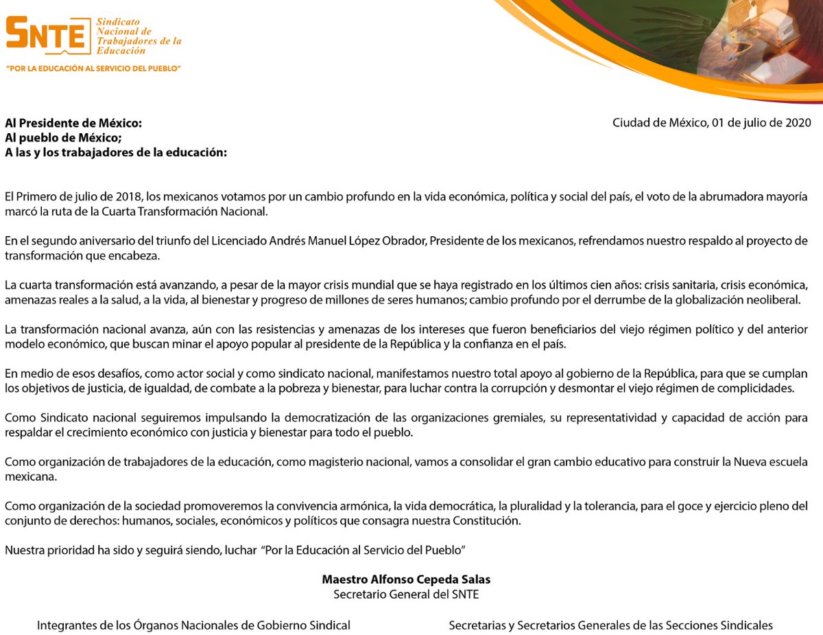 🔊 #1Julio #SnteFelicitaAlPresidente en el 2º Aniversario del Licenciado <a href="/lopezobrador_/">Andrés Manuel</a> Presidente de los mexicanos 🇲🇽Refrendamos nuestro respaldo al proyecto de transformación que encabeza 🤝🏼