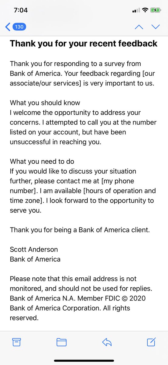 Gotta love this @BankofAmerica email I got after I filled out one of their surveys. Should the customer fill in the blanks here? Does Scott Anderson even exist? #bankfail