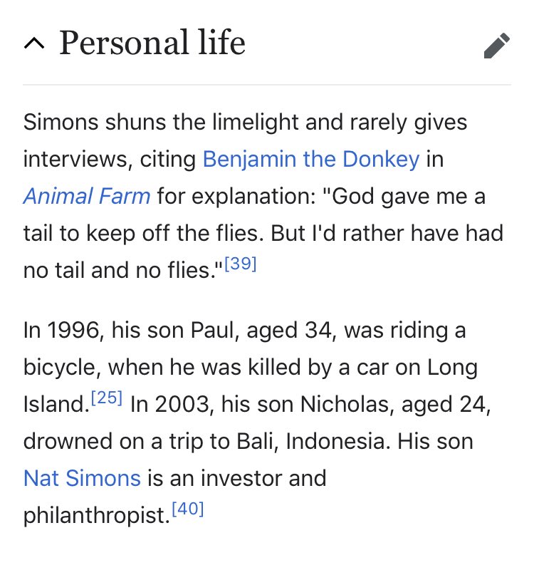 6/ JIM SIMONSHEDGE FUND MGR/MATHEMATICIANPlays both sides; donated millions to HRCFIRST WIFE WORKED WITH [BC] TO TRY TO END ELECTRONIC VOTINGStrong ties/collab. with $0r0$ in political activitiesSon killed at 36Cites “Animal Farm” when asked about personal life