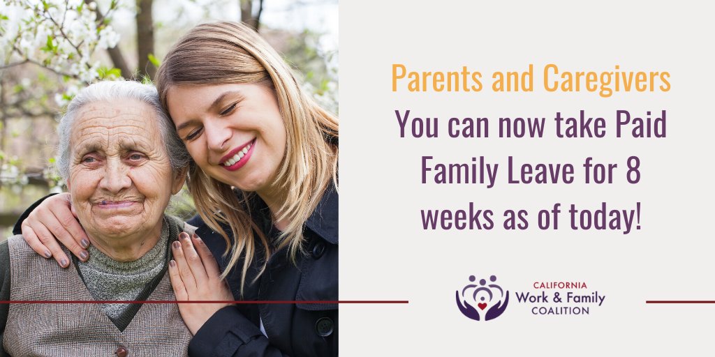 WorkFamilyCA's tweet photo. #PaidFamilyLeave is officially expanded from 6 to 8 weeks! This is a huge win that we are celebrating today on #ImplementationDay. We've put together a blog post for you to easily understand what Paid Family Leave is, who can take it, and how to apply. https://t.co/0tykx52Aey https://t.co/x35u8kTIBb