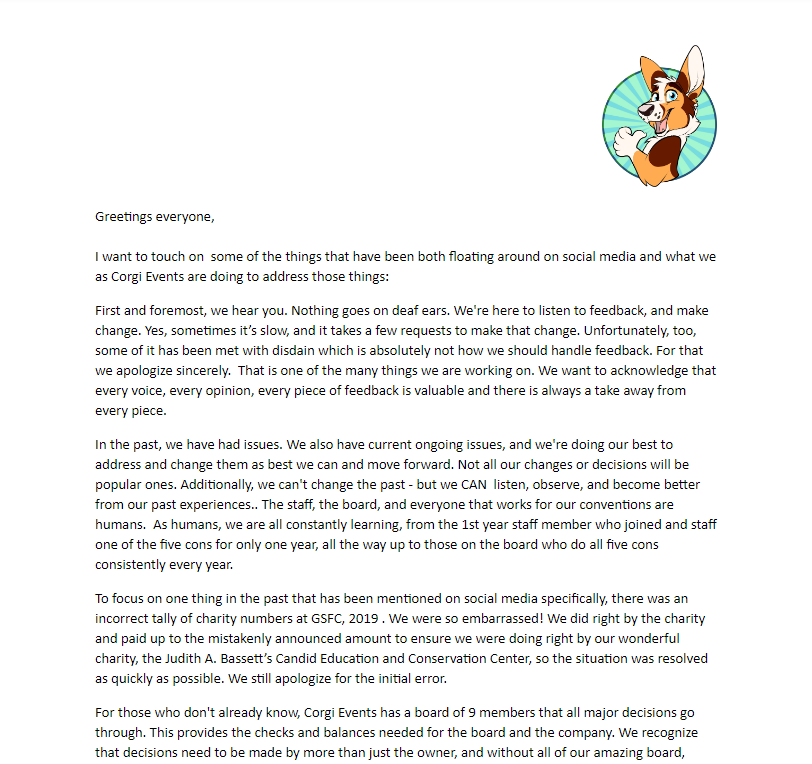 CorgiEventsLLC's tweet image. Greetings everyone,

Please take a look at this letter from the Corgi Events board.
We thank you in advance for taking time to read this letter.