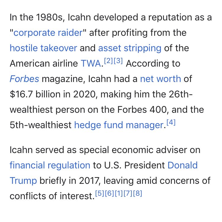 8/ CARL ICAHNWas “Special Advisor” to POTUS at beginning, Left in August 2017Left for “conflict of interest”Connected to Paradise PapersReceived $10k donation from Epstein 