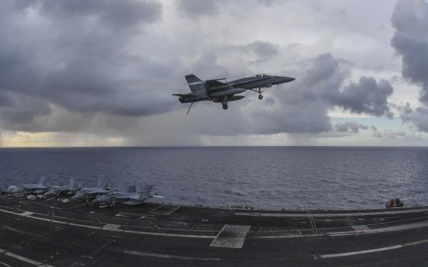 USPACOM's tweet photo. Sailors assigned to @USPacificFleet Aircraft Carrier #USSTheodoreRoosevelt @TheRealCVN71 conduct flight quarters with the @FlyNavy #Tomcatters of Strike Fighter Squadron #VFA31 while deployed to the @US7thFleet. #ForgedByTheSea #NavalPresence #FlightOPS #FreeandOpenIndoPacific. https://t.co/lWGbDArIwG