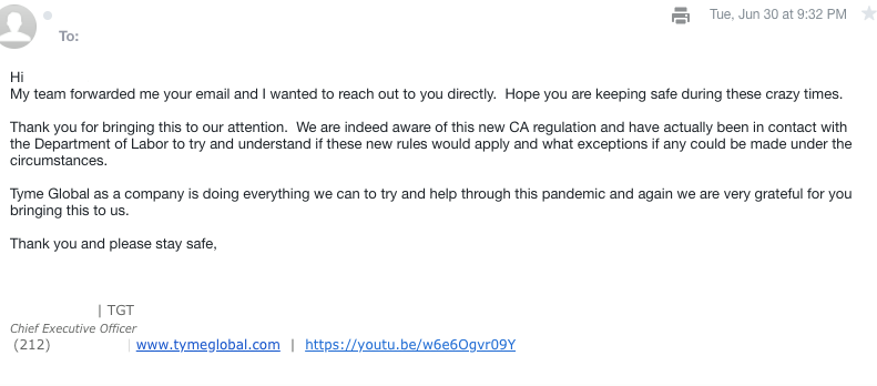 FredTopel's tweet photo. The plot thickens. An applicant informed Tyme they would have to hire W-2 & pay minimum wage for @CA_EDD work under AB5. This was the CEO's response. @JulieSuCA @CAgovernor @LorenaSGonzalez @LorenaAD80 #fixAB5 #fightforfreelancers #IRSnotABC https://t.co/qijg0mZPZH