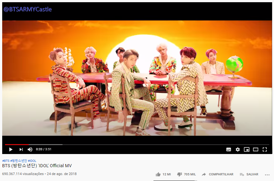 BTSARMYCastle's tweet photo. [INFO]
💜. O MV de "IDOL" ultrapassou o total de 690M de visualizações no YOUTUBE,e acumulando um total de 12M de curtidas.

🔗: https://t.co/DY6pB5C7ft

@BTS_twt  #ARMY #BTSARMY https://t.co/Zyz5F88MZF