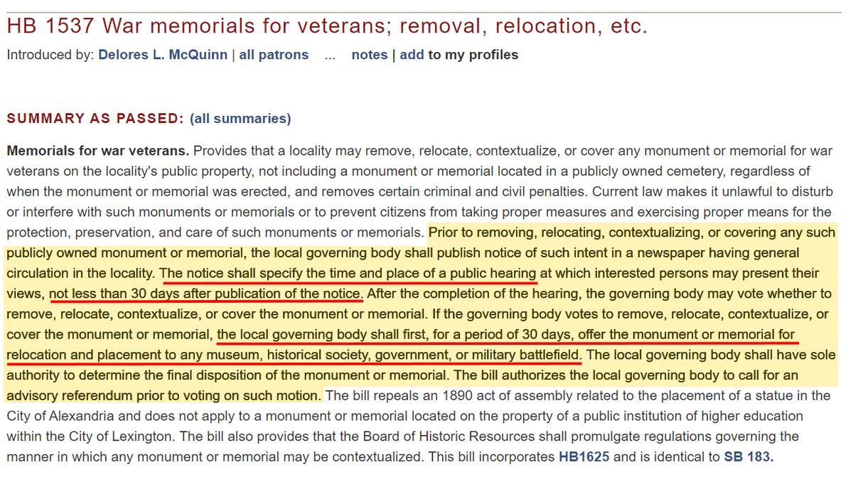 This new law had several stipulations (seen below). Chief among these stipulations are 1) PUBLISHED Notice or intent2) 30 Days for feedback from citizens3) 30 Days for determining memorial placement in a museum, etc.All of these are at a MINIMUM!
