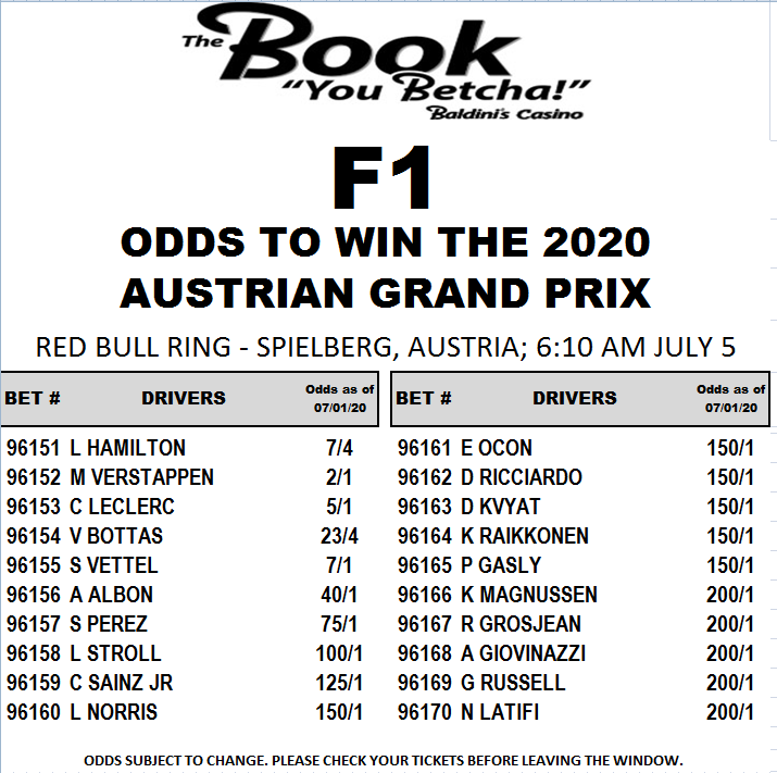 bookatbaldinis's tweet image. @F1 racing is back in action and we're booking it on our Mobile App &amp;amp; our 24/7  in-house kiosk!💰💰💰

The Austrian Grand Prix, the first of 8 races in the 2020 @F1 season, takes place at 6:10 a.m. Sunday, July 5 in Austria.🏎️🏎️🏎️

Check out our odds👇👇👇