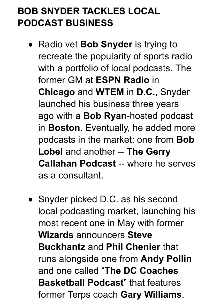 Ourand_Puck's tweet photo. Local radio vet Bob Snyder (DC's WTEM; Chicago's ESPN Radio) is pursuing a unique local podcast strategy. First markets are Boston and DC. SBJ Media is live: 🔒https://t.co/lhivIkdXu8🔒 https://t.co/hZFJvs1eiN