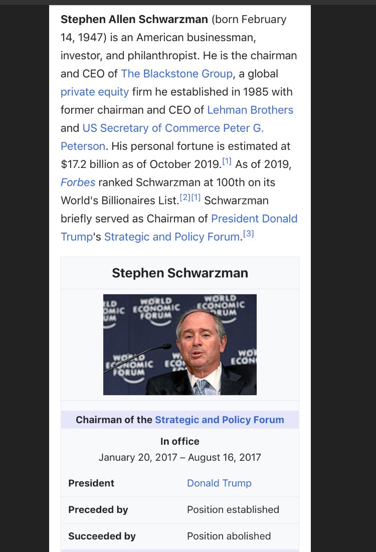 11/ STEPHEN SCHWARZMANALSO ON TRUMP’S STARTING TEAM & LEFT IN AUGUST 2017ALLEGED GHISLAINE TIES (“seen having convos”)His firm donates to Clinton, he donates to GOP; sat at HRC table 