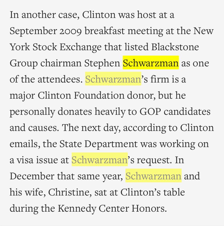 11/ STEPHEN SCHWARZMANALSO ON TRUMP’S STARTING TEAM & LEFT IN AUGUST 2017ALLEGED GHISLAINE TIES (“seen having convos”)His firm donates to Clinton, he donates to GOP; sat at HRC table 