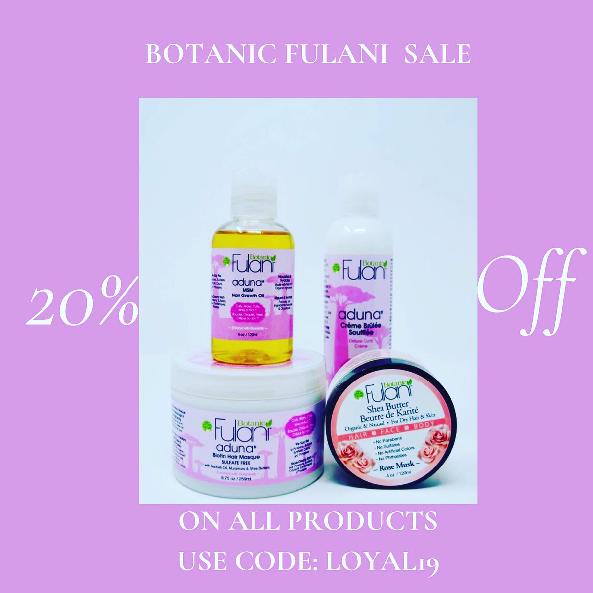 botanicfulani's tweet photo. ✨✨The More you buy, the more you SAVE! https://t.co/U4fuG1kKSE⁣
⁣
Buy any product and Get 20% OFF. Use Coupon Code: ‘Loyal19’ ⁣
Hands Made Products with CERTIFIED ORGANIC  INGREDIENTS in SMALL BATCHES.⁣ ⁣
✨ ⁣
𝐌𝐈𝐍𝐎𝐑𝐈𝐓𝐘 𝐅𝐄𝐌𝐀𝐋𝐄 𝐎𝗪𝐍𝐄𝐃 𝐁𝐔𝐒𝐈𝐍𝐄𝐒𝐒 ⁣ https://t.co/hEiB7t5ZaS