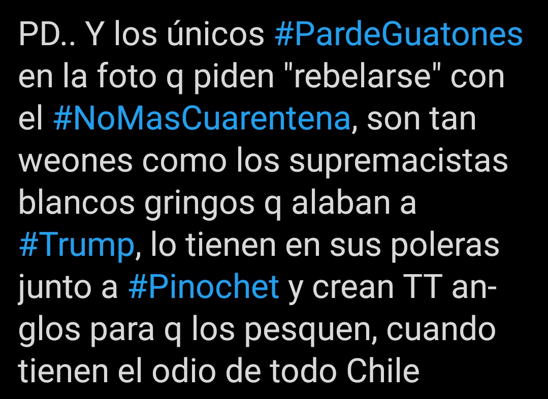 titomarcelo's tweet photo. @MegafonoPopular para que hagan bolsa a la #DerechaGolpista Twittera con su #UnidosPorChile, el #NoMasCuarentena típico de supremacista blanco gringo y su #PardeGuatones como Sebastián Izquierdo y cía que solo avalan segregación, abuso d poder y el famoso #Retrazo
#RenunciaPiñera https://t.co/QSnQVLusbu