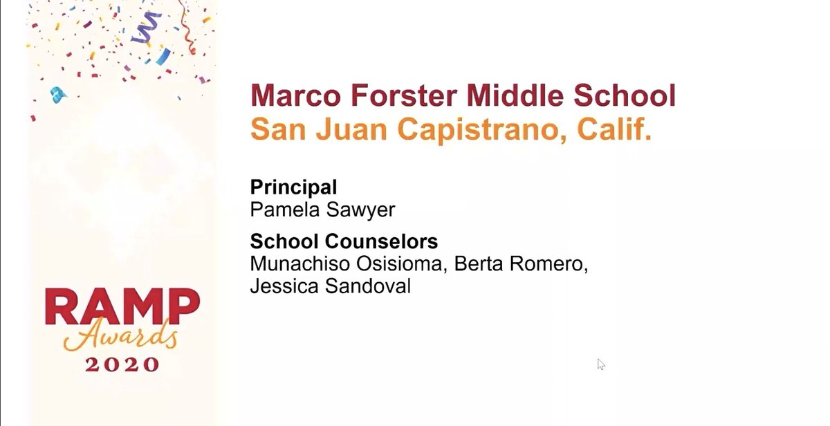 DrRebeccaPianta's tweet photo. Congratulations to @MarcoForsterMid and @shorecliffsms for being recognized at this year’s @ASCAtweets conference for having model school counseling programs. We are #capoproud! @ecavendano @MFMSCounselors @SawyerPrincipal @CapoUnified  #ASCAatHome https://t.co/7WXiI32d5C