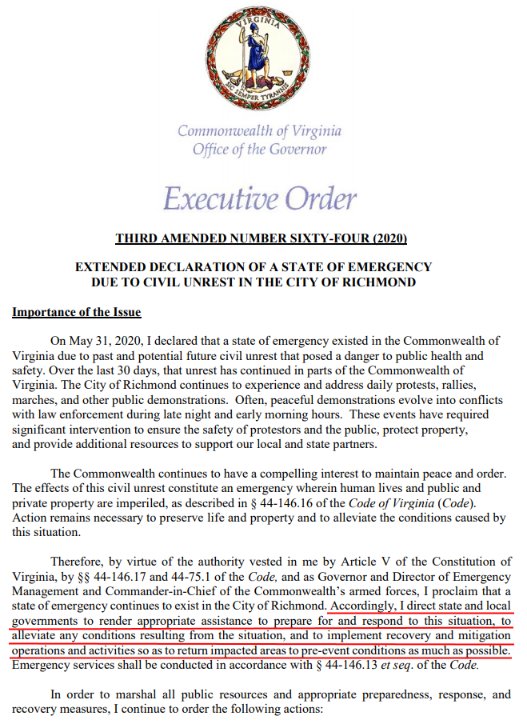Yesterday, Gov Northam and Mayor Stoney announced a 30 day extension of a State of Emergency for the city of Richmond (see below). On top of being incredibly (deliberately?) vague, it provides Mayor Stoney with the power to bypass any law...YES...𝗔𝗡𝗬 𝗟𝗔𝗪!