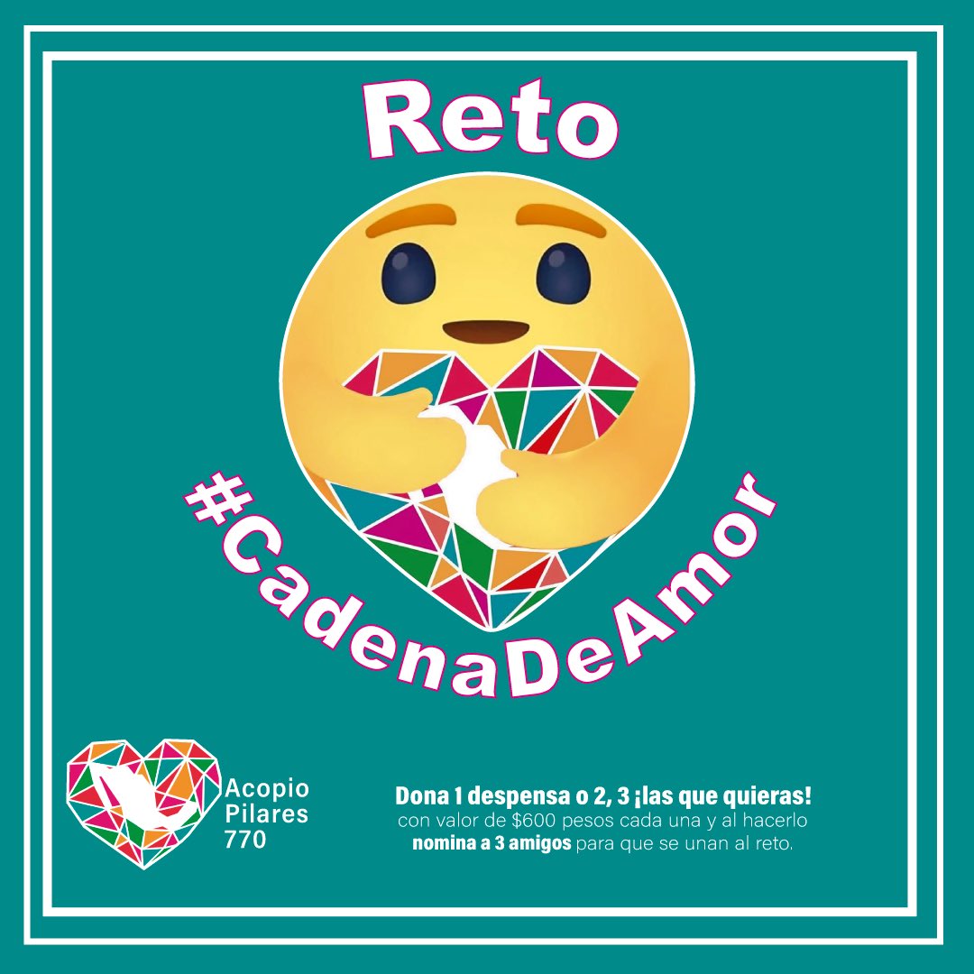 Hoy iniciamos el Reto #CadenaDeAmor💞 en el que con tu participación, familias en estado vulnerable serán beneficiadas con una despensa. ¿Te sumas? El reto consiste en donar 1 o las despensas que quieras, a una de las muchas familias y nominar a 3 amigos a hacer lo mismo RT 🙃 https://t.co/TKjCOMGhPM