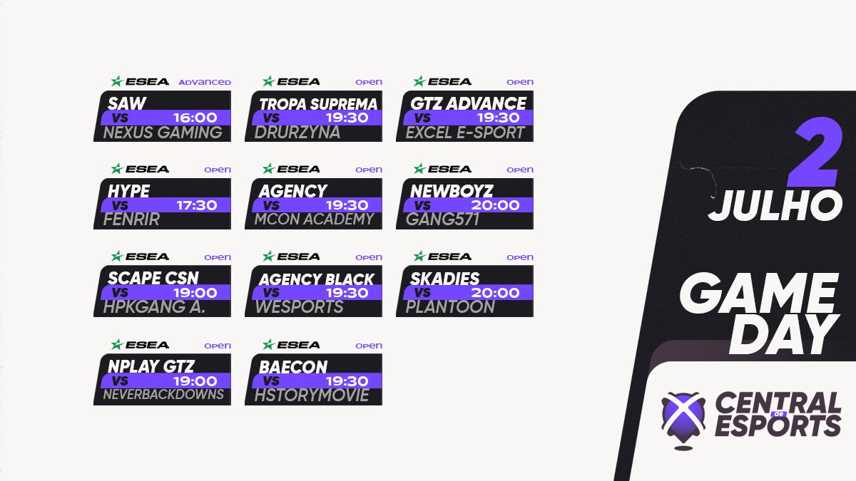 CentralDEsports's tweet photo. HOJE na ๐ @ESEA - Playoffs (BO3):
16h
@sAwggofficial
17h30
@HypeEsportsClub
18h30
@ScapeEsports.CSN
19h
@GTZBulls.NPlay
@TropaSuprema
19h30
@agency_clan
@agency_clan.Black
@BaeconGG
@GTZBulls.Advance
20h
@NewboyzEC
#Skadies @skadegg
๐ https://t.co/r4X07wvVwl
#CDEgameday https://t.co/q49DgTDLu1