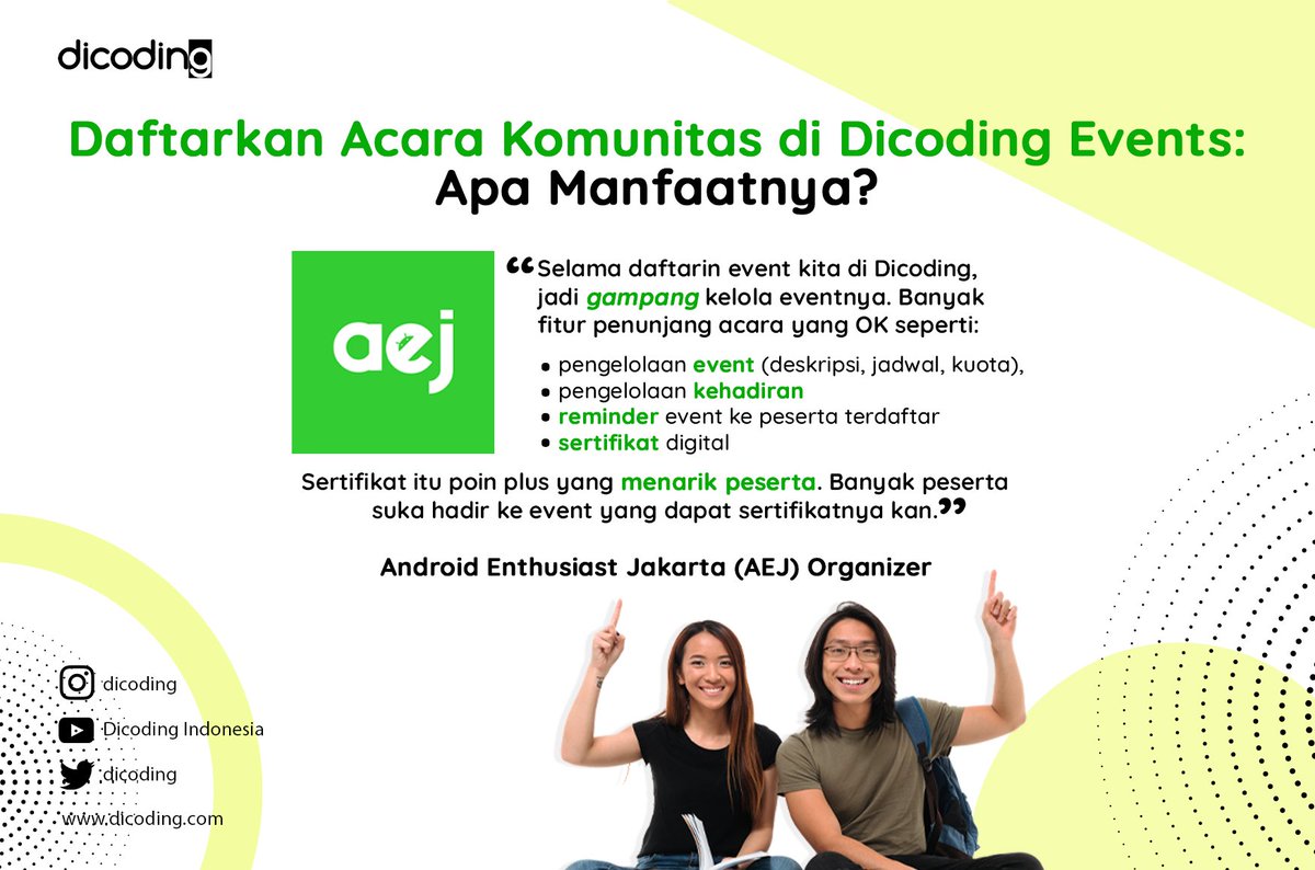 dicoding's tweet image. Daftarkan acara komunitasmu di Dicoding! Banyak untungnya ⭐⭐⭐
Simak nih penuturan Android Enthusiast Jakarta yang setia daftarkan event IT-nya di #dicodingevent
Komunitasmu kapan? Ketik "KAMI" di komen kalau berminat.Nanti nimin DM caranya! Mudah!
ALL FREE loh 😊
#dicoding