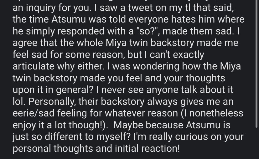 Anon asked me this so: My Ch 279 / Atsumu thoughts thread! Disclaimer: I am not an Atsumu Expert because I know ppl are very defensive of their characterization of him and he is not someone I would claim to have a strong understanding of, this is just my thematic take.