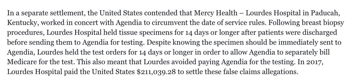 Mercy Health – Lourdes Hospital in Paducah, Kentucky also conspired with Agendia to delay these tests. The hospital held onto Brest biopsy specimens for 14 days and longer to avoid paying Agendia for those tests. Shameful!