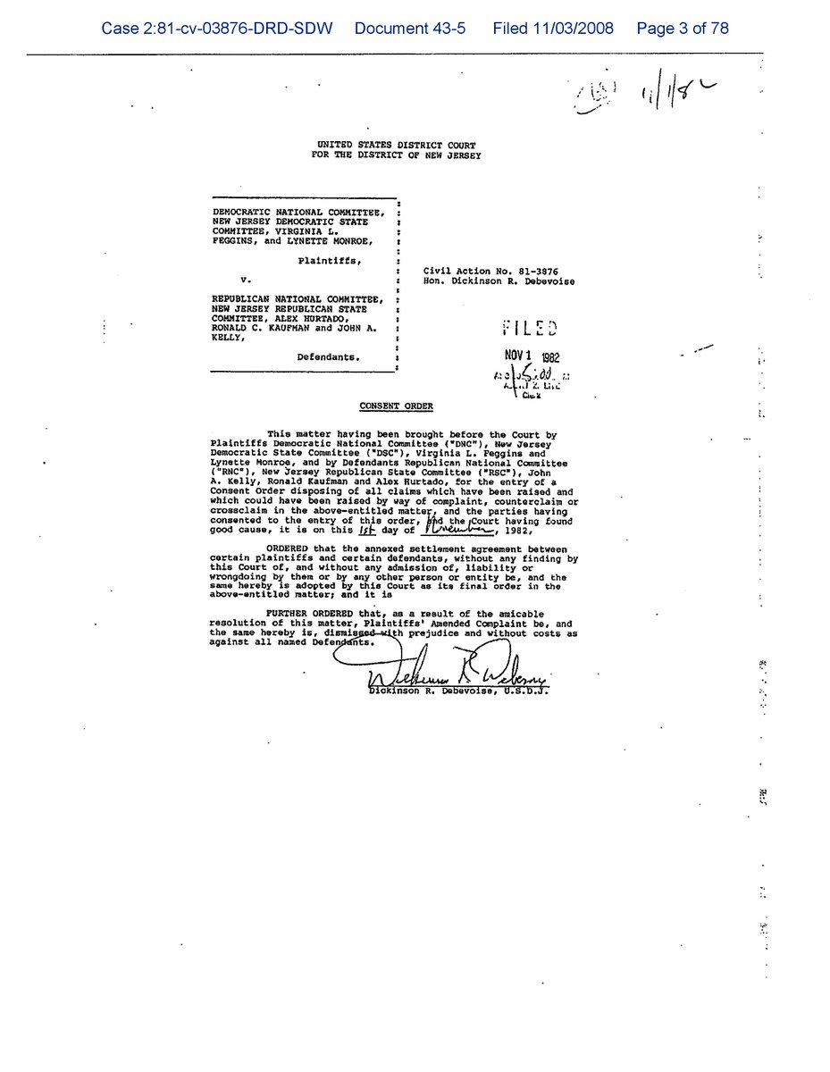  1982 & 1987In ‘82 and then again in ‘87, the RNC entered into consent decrees with the DNC, barring the  @GOP from engaging in voter intimidation efforts and other forms of voter suppression, like the ones it used in New Jersey. (5/13)