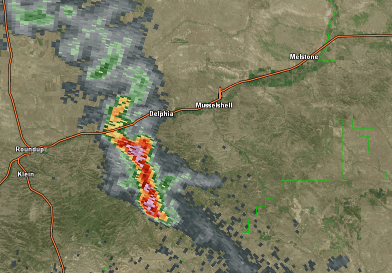 NWSBillings's tweet photo. [7/1 640pm] A strong thunderstorm has developed over the Bull Mountains east of #Roundup, moving toward #Delphia , #Musselshell , and #Melstone. Wind gusts of 45 to 55 mph and small hail can be expected with this storm. #MTwx https://t.co/NDn9rMN6qd