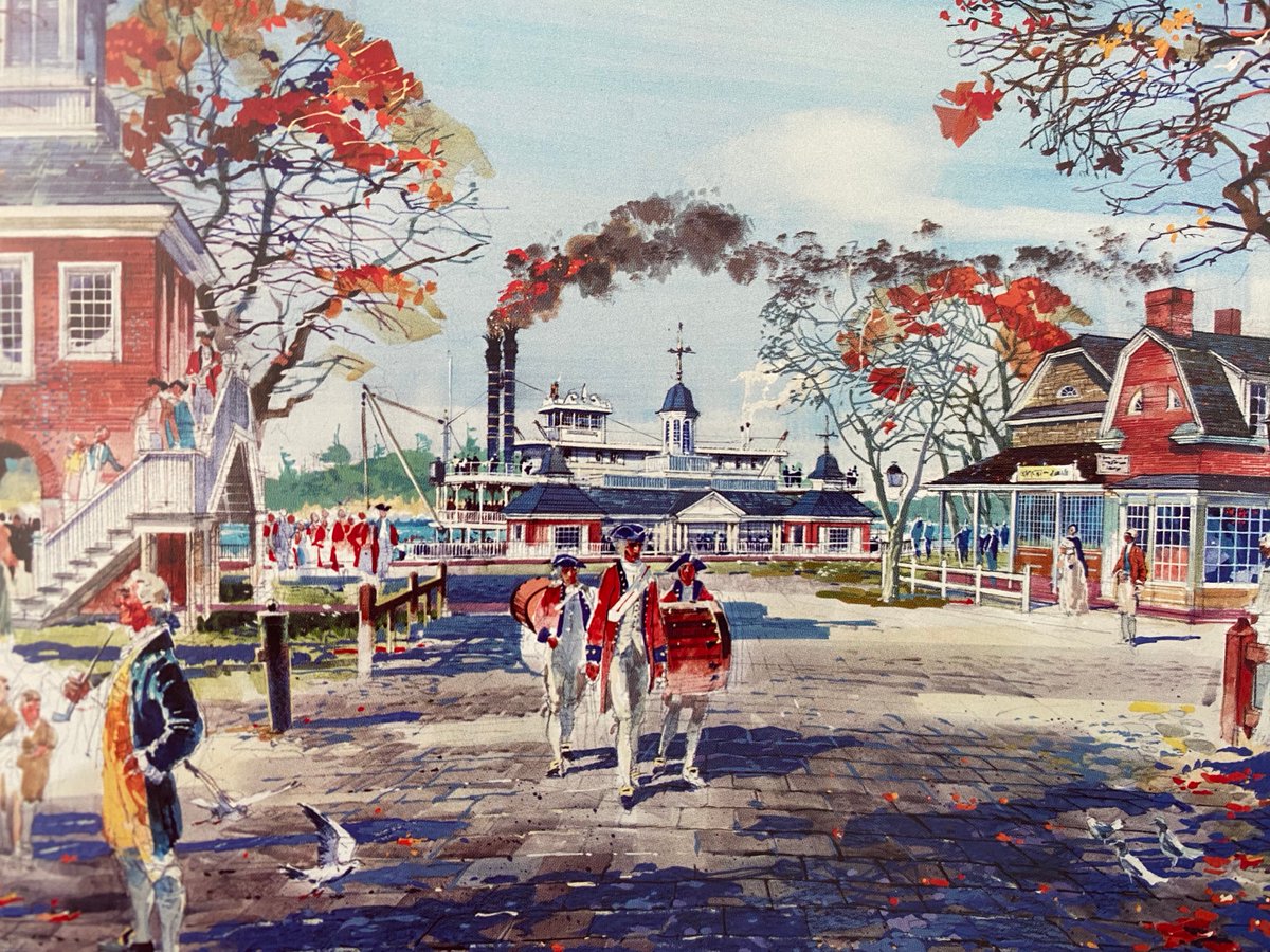 Herb Ryman did A LOT of concept art for Liberty Square. He'd been messing around with this concept since the 1950s for Disneyland. Look at the ground in these renderings. There's not a lot of poop, but there is something in all of them that's very consistent: cobblestone roads.