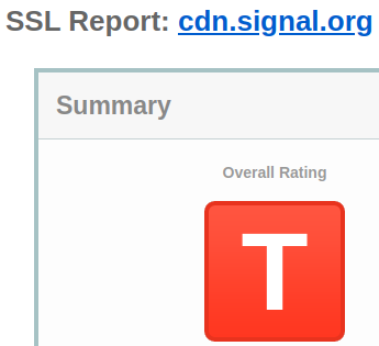 Screenshot of an SSL scanner report of cdn.signal.org showing an overall rating of T. White image background with text and a white T surrounded by an orange square. 