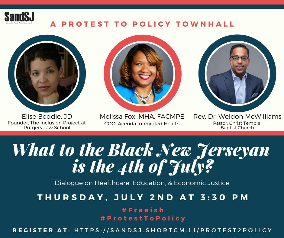SandSJ_NJ's tweet photo. "What, to the Black New Jerseyan, is the 4th of July?"

Tomorrow we'll discuss &amp; outline steps to liberate Black New Jerseyans from racial injustice in healthcare, education, &amp; economic system. Let's take action together. Register: https://t.co/n3MD0S7dcS #ProtestToPolicy https://t.co/3PHx5ISHNG