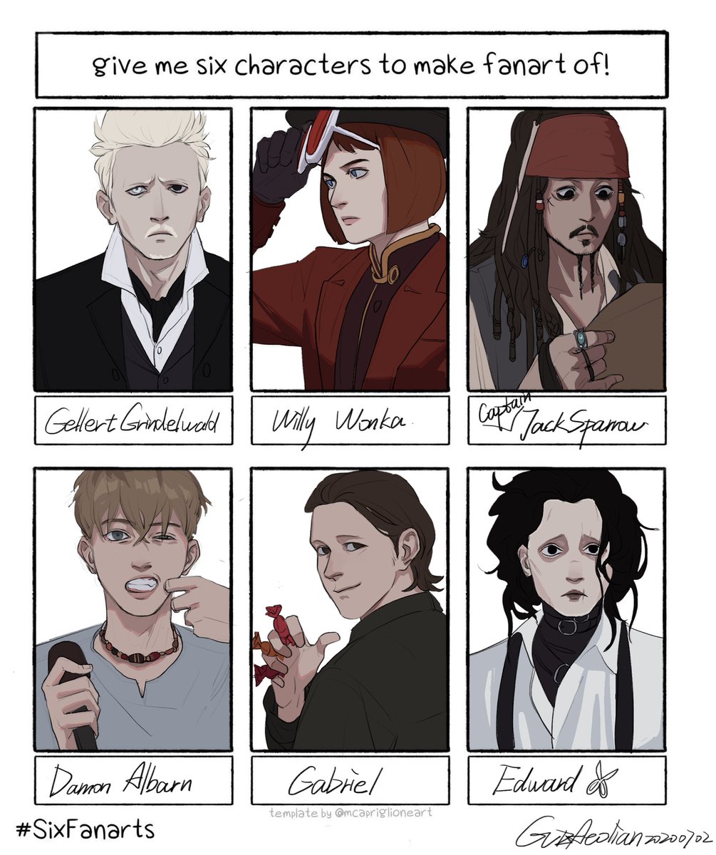 Guz_Gugi's tweet photo. ( ˘ ³˘)♥

#SixFanarts actually seven,the seventh one is that my friend commented with just a picture of him but no name so...）
#GellertGrindelwald #WillyWonka #JackSparrow #DamonAlbarn #spnGabriel #EdwardScissorhands https://t.co/Nfu4sPJ7Tw