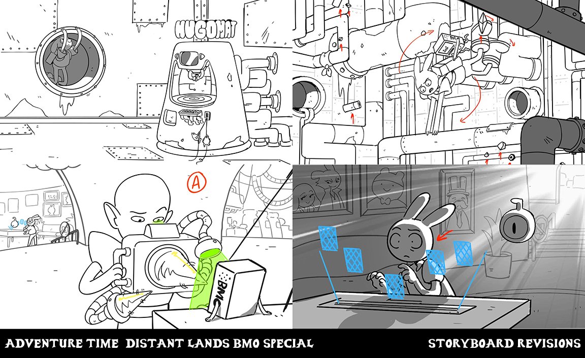 Some Adventure Time Distant Land BMO Special Storyboard Revisions. BG's included.

The crowd shot with the guy all ":O" in the last panel is my favorite drawing ever and I will never top this magnum opus of my cumulative skills. 