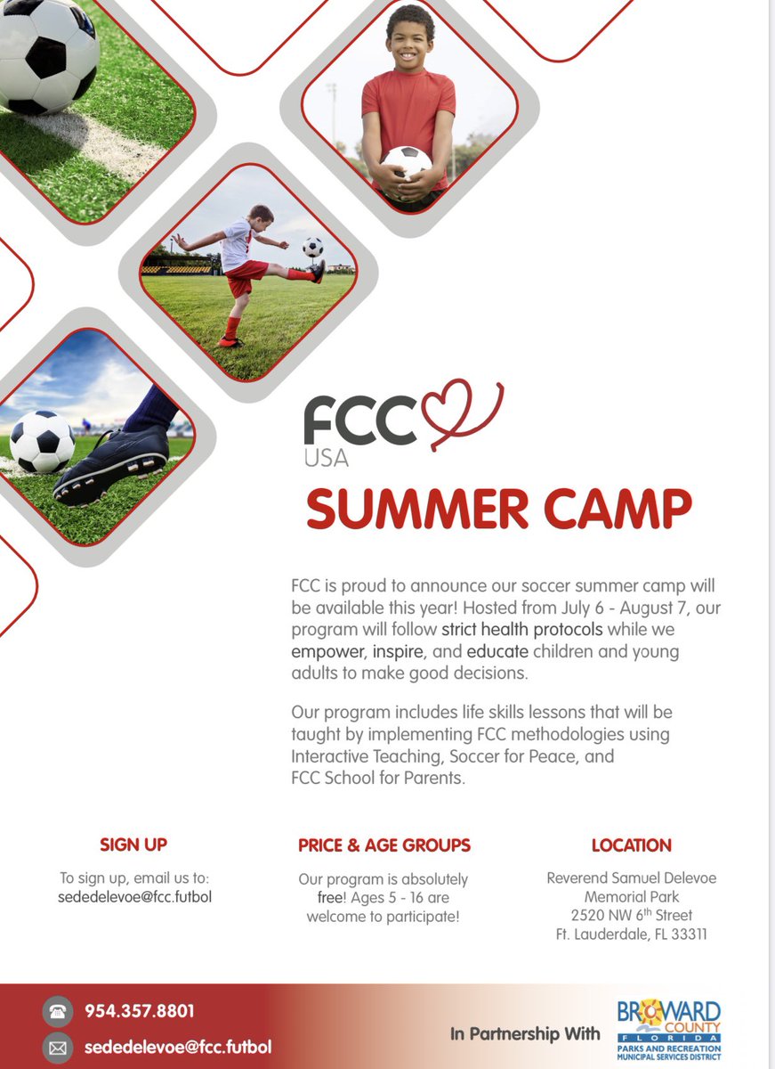 samuelazout's tweet photo. FCC USA ⚽️❤️🇺🇸 Summer Camp to open July 6th at Delevoe Camp in @BrowardCounty #YouthEmpowerment #SoccerForDevelopment #SoccerForPeace https://t.co/bvrd7BbbdO
