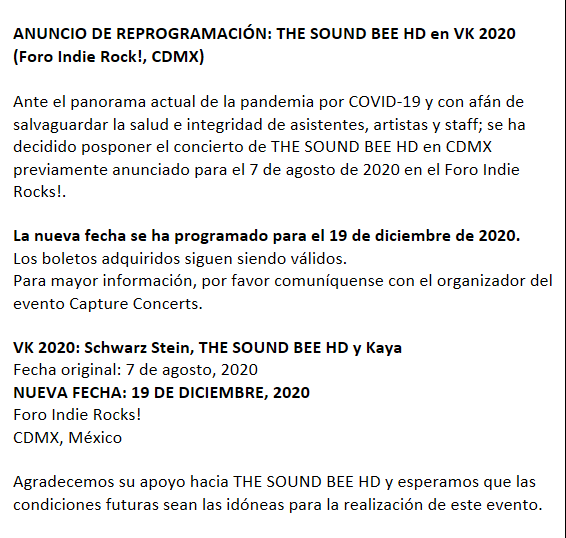 RoyalStageMX's tweet photo. ANUNCIO DE REPROGRAMACIÓN: 
THE SOUND BEE HD en VK 2020 

VK 2020: Schwarz Stein, THE SOUND BEE HD y Kaya
Fecha original: 7 de agosto, 2020
NUEVA FECHA: 19 DE DICIEMBRE, 2020
Foro Indie Rocks!
CDMX, México

+ info @ConcertsInc 

https://t.co/jWQILt1H3W https://t.co/dJqIcsisGF