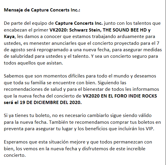 ANUNCIO DE REPROGRAMACIÓN: 
THE SOUND BEE HD en VK 2020 

VK 2020: Schwarz Stein, THE SOUND BEE HD y Kaya
Fecha original: 7 de agosto, 2020
NUEVA FECHA: 19 DE DICIEMBRE, 2020
Foro Indie Rocks!
CDMX, México

+ info <a href="/ConcertsInc/">Capture Concerts,INC</a> 

royalstage.info/noticias/repro…