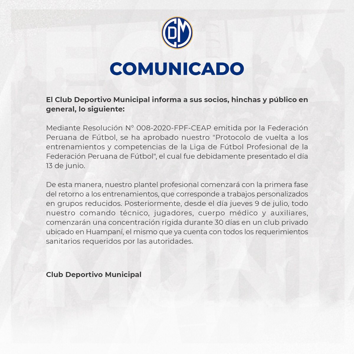 CCDMunicipal's tweet photo. ⚪️🔴 Comunicado || El Club Deportivo Municipal, da a conocer a todos sus socios, hinchas y medios de comunicación, que ya contamos con la aprobación por parte de la @TuFPF para poder reanudar nuestras actividades.
@LigaFutProf
@Minsa_Peru
#EchaMuni
#MesEdil
#Miércoles https://t.co/4JU78tR4Jp