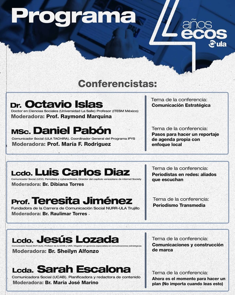 miauladeclase's tweet photo. Programa del evento aniversario de la carrera de Comunicación Social #ULA #Mérida que se desarrollará en los espacios virtuales de #A7LEARN
Registo gratuito en https://t.co/RWCaMdWb5c https://t.co/V7MzAdQjj9 https://t.co/t2xP1AxpdC
