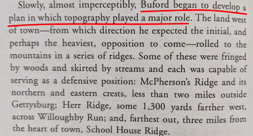 arriving into sleepy Gettysburg on June 30th, he is received as a hero - locals "waving, shouting, and singing patriotics songs" recently ravaged by Confederate soldiers led by A. P. Hill that very day - sensing danger, like any good cavalryman evaluates the terrain around him