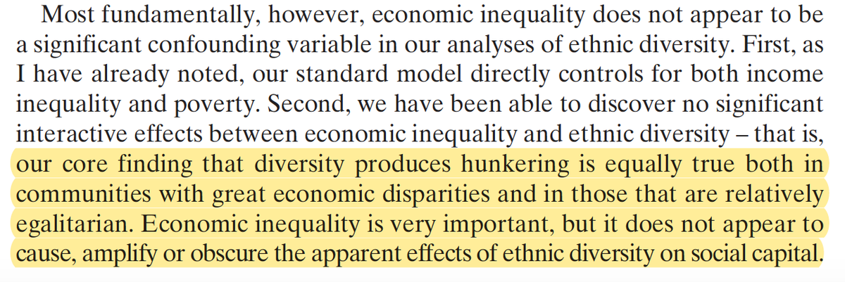 7/ Cities—the places where white liberals are more likely to live and work—have lower levels of social trust (the causal arrows here are complicated, which Putnam discusses at length). This leads to further in-group clustering or, as Putnam terms it, "hunkering"