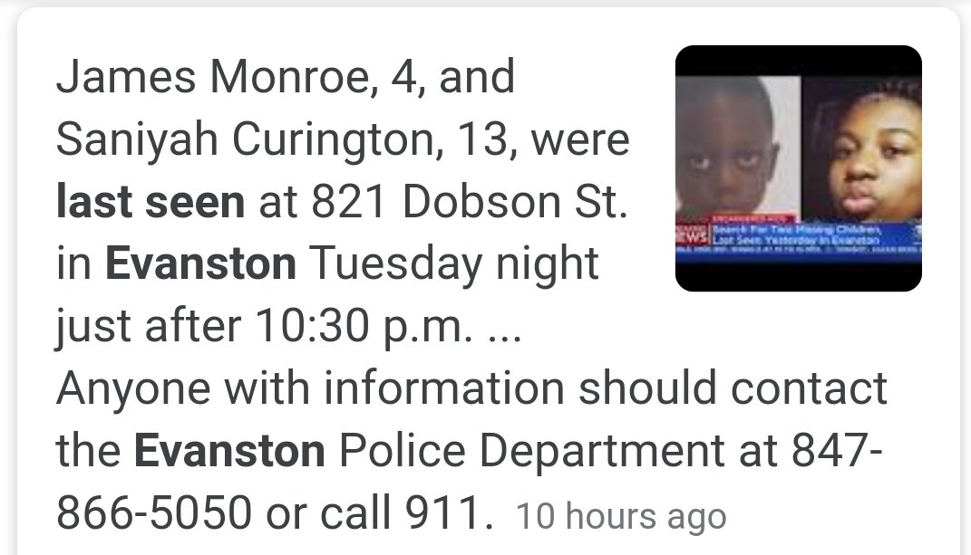 Ortizjorlando90's tweet image. 4 year old James Monroe and 13 yr old Saniyah Currington have been  missing for over 24 hrs.  Last seen near Evanston in Chicago Il. Please.. RT this, get it trending!!!! FIND THESE CHILDREN If you have ANY info, call 911 or the Evanston PD 847-866-5050