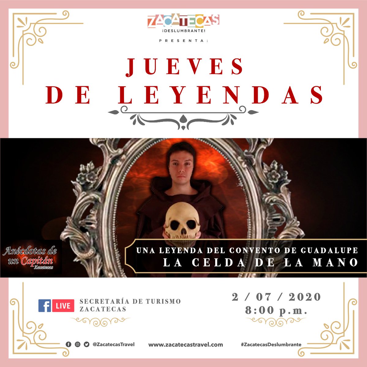 EduardoYarto's tweet photo. #ZacatecasDeslumbrante trae para ti una historia fascinante. Este Jueves de Leyendas, únete para conocer un relato acerca del Convento de Guadalupe: La celda de la mano.
Nos vemos en @ZacatecasTravel por #FacebookLive https://t.co/VS73r5LWGB