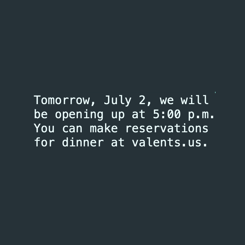 valentesnj's tweet photo. Tomorrow, July 2, we will be opening up at 5:00 p.m. You can make reservations for dinner at https://t.co/hrCs1OQaFJ. We look forward to serving you then! https://t.co/6FuhBVqLJ2